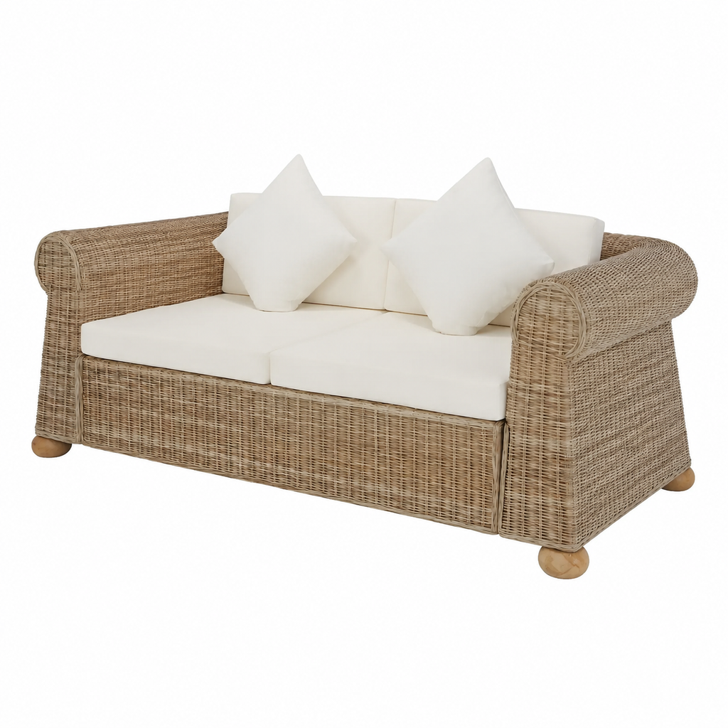 Sofa deux places en rotin avec coussins confortables